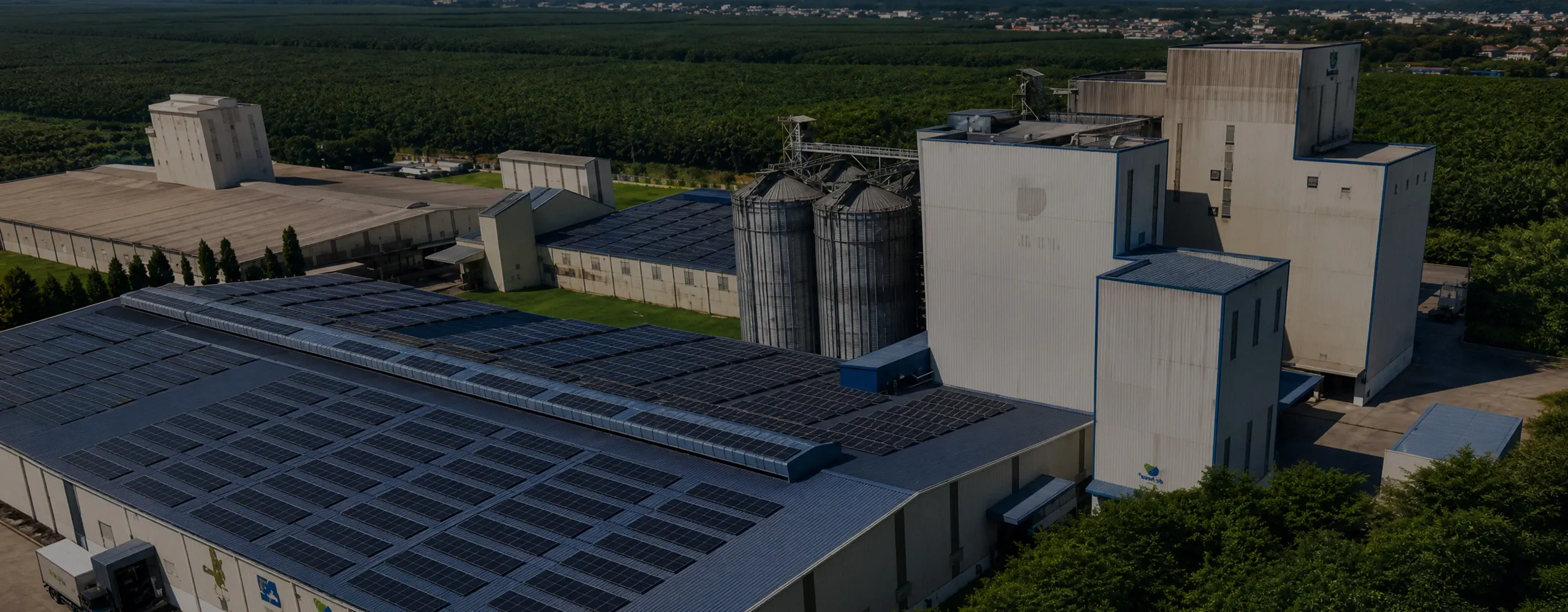 Aerial view of complete poultry and livestock feed production line, large scale animal feed mill factory