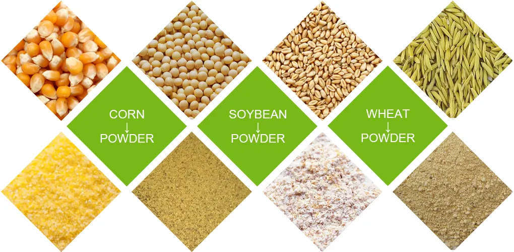 Various raw materials and crop ingredients used for making animal premix feed in premix feed production line
